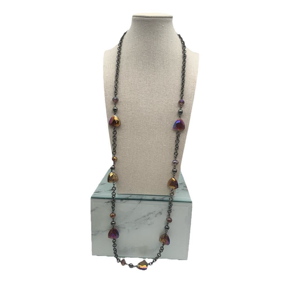 Purple Oil Slick Color Faceted Beads Dark Silver Tone Longโ Adjustable Necklace